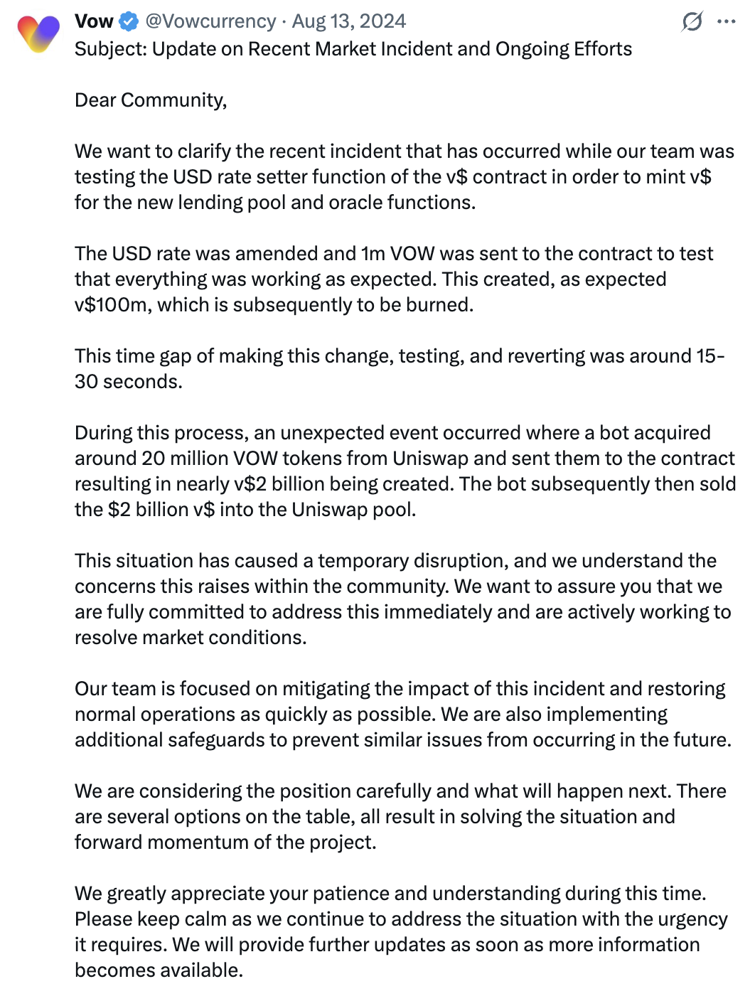 VOW community update, 13 August 2024: explanation of the incident during testing of the USD rate setter and the bot exploitation of the timing window.