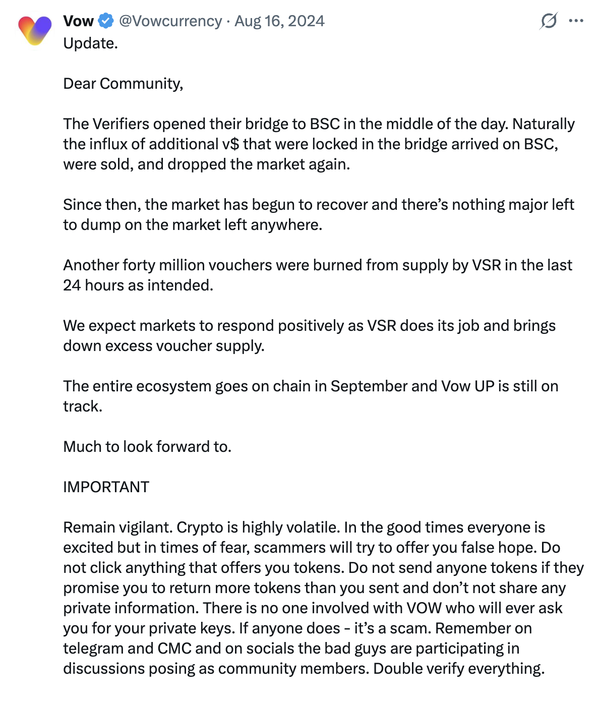 VOW community update, 16 August 2024: bridge reopening flushed remaining locked vUSD, market begins to recover, VSR continues burning supply.