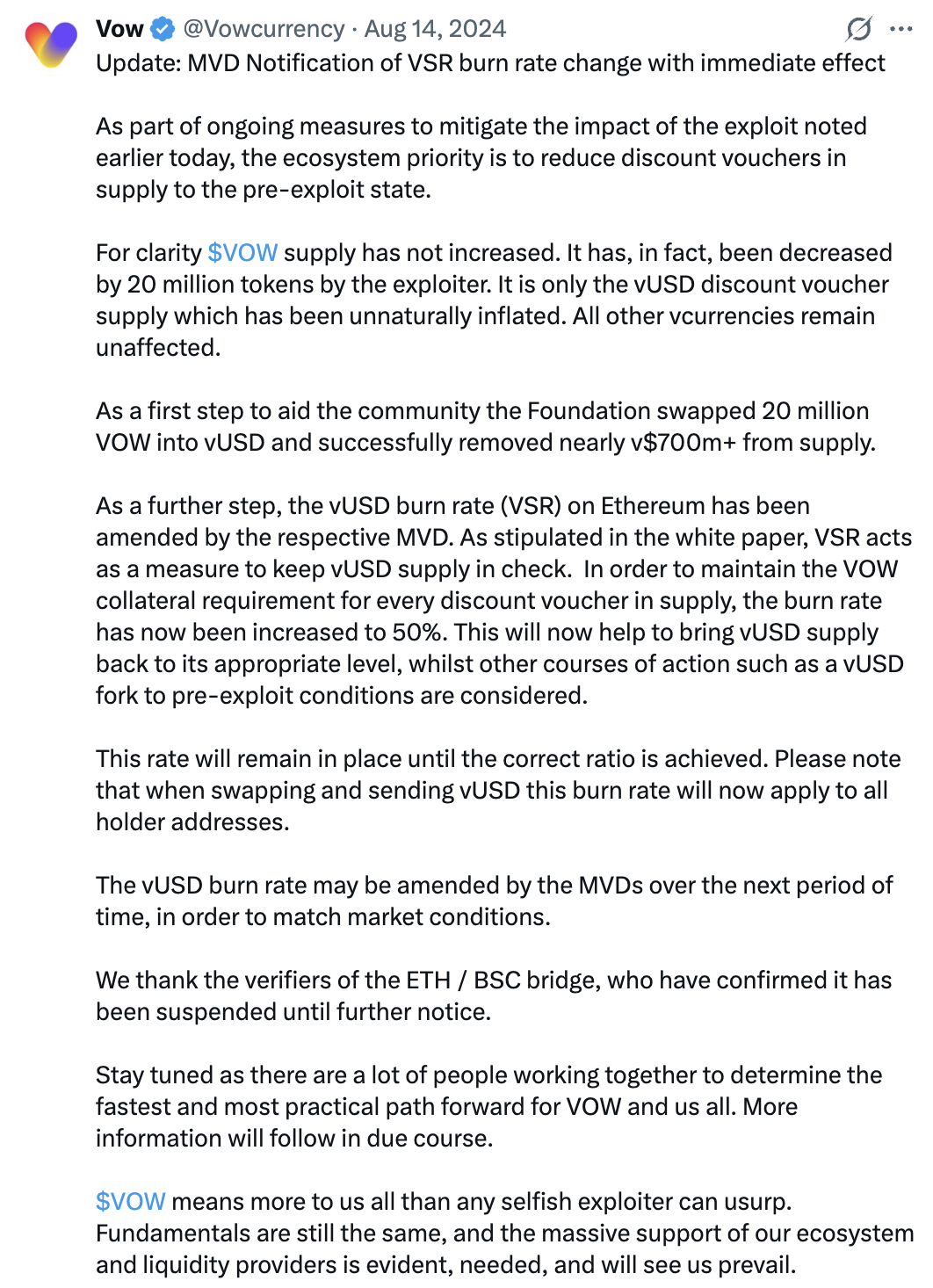 VOW community update, 14 August 2024: VSR burn rate increased to 50% to reduce excess vUSD supply, ETH/BSC bridge suspended.