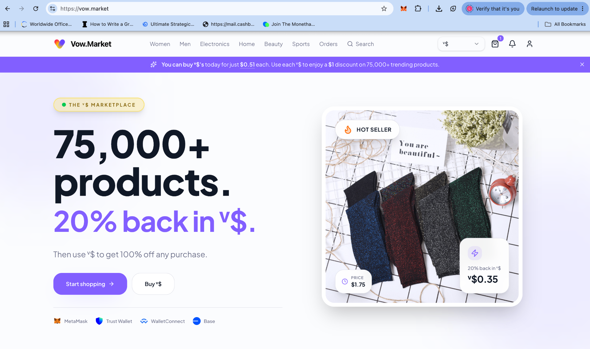 Vow.Market homepage showing 75,000+ products with 20% back in v$