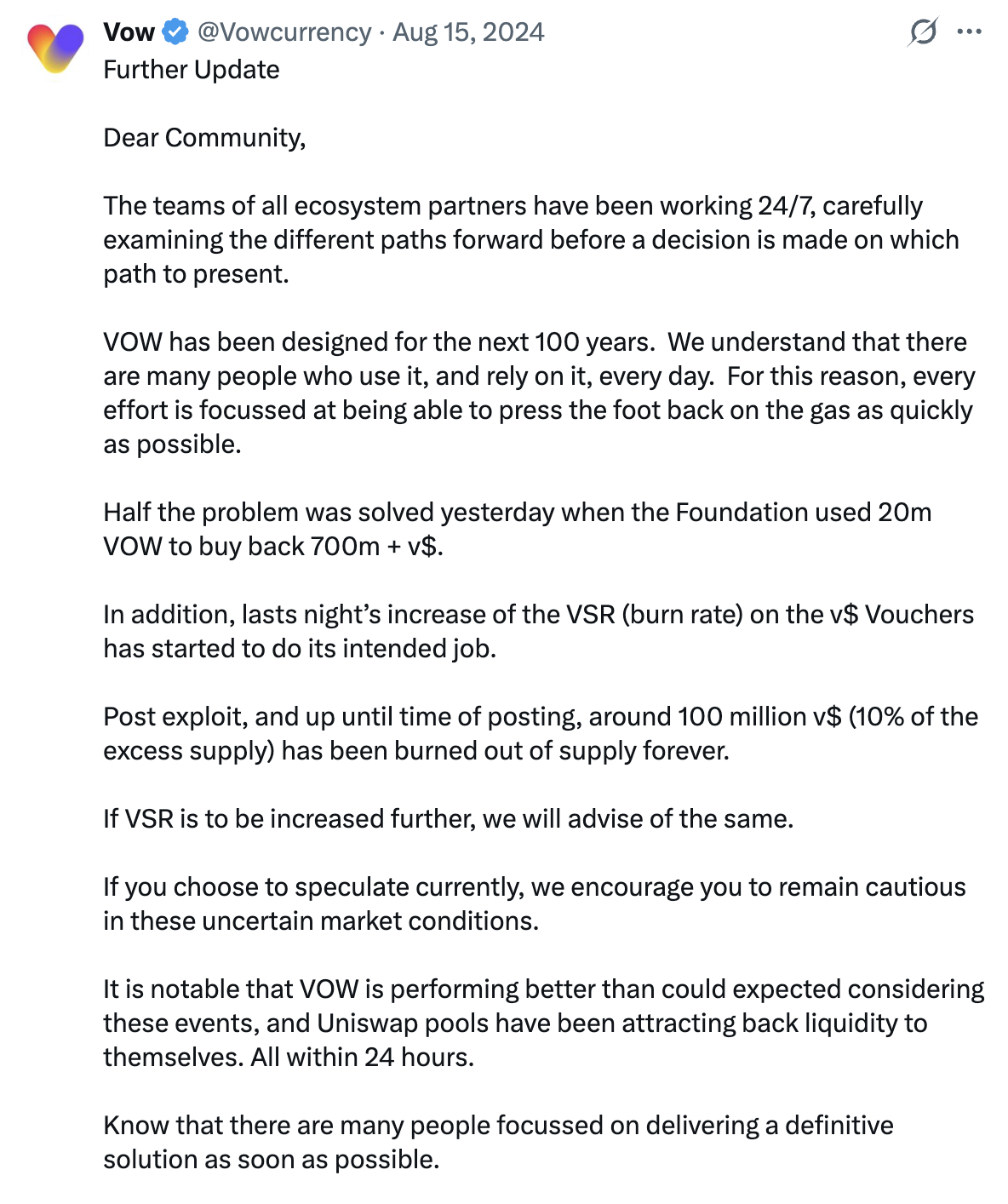 VOW community update, 15 August 2024: ecosystem partners working through options, ~100m vUSD already burned out of supply.